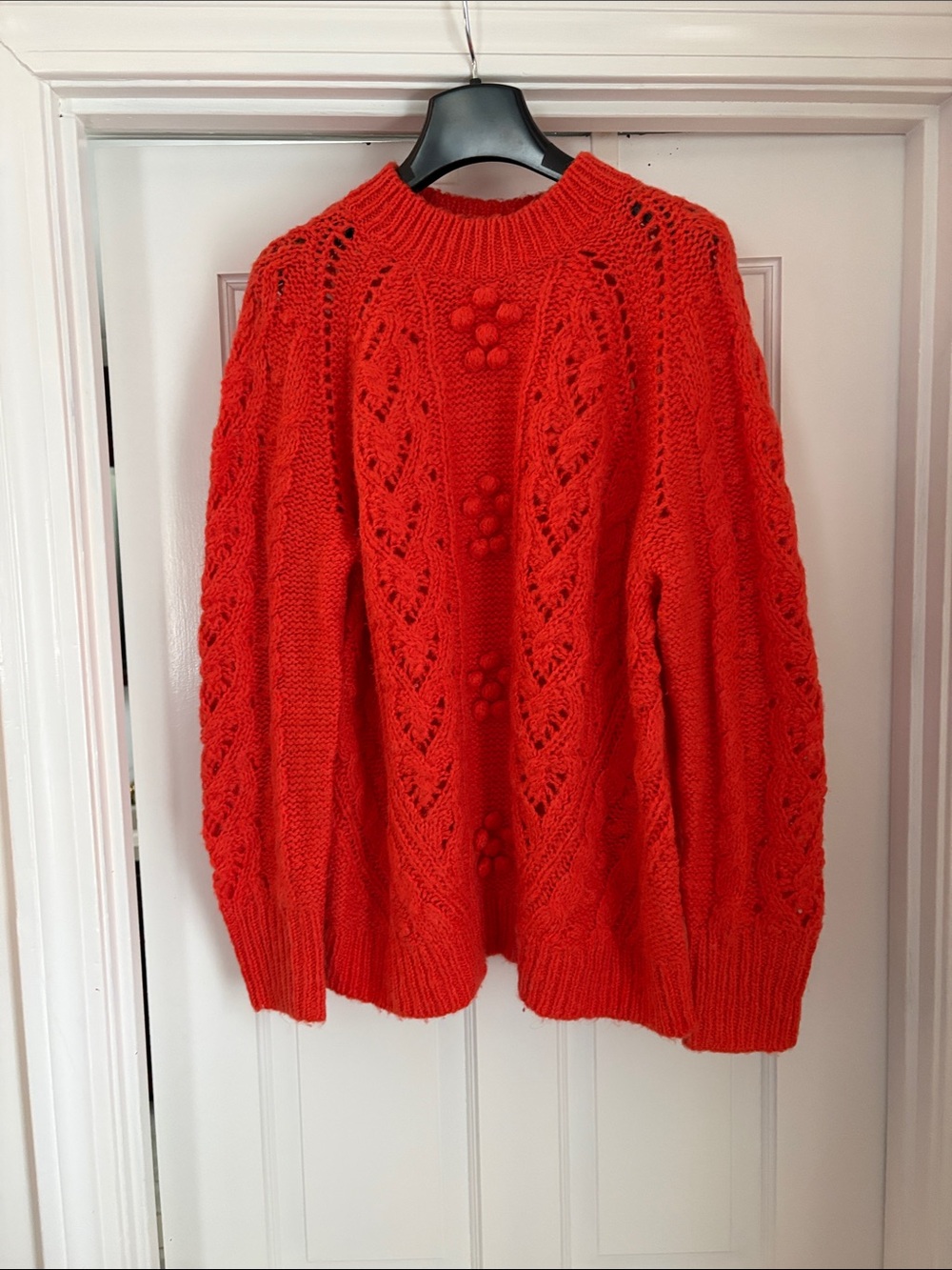 J. Crew dark orange  Cable Knit Pom-Pom Crewneck Sweater